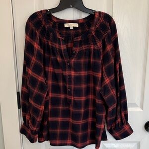 LOFT Navy and Coral Plaid Button-Front Peasant Top